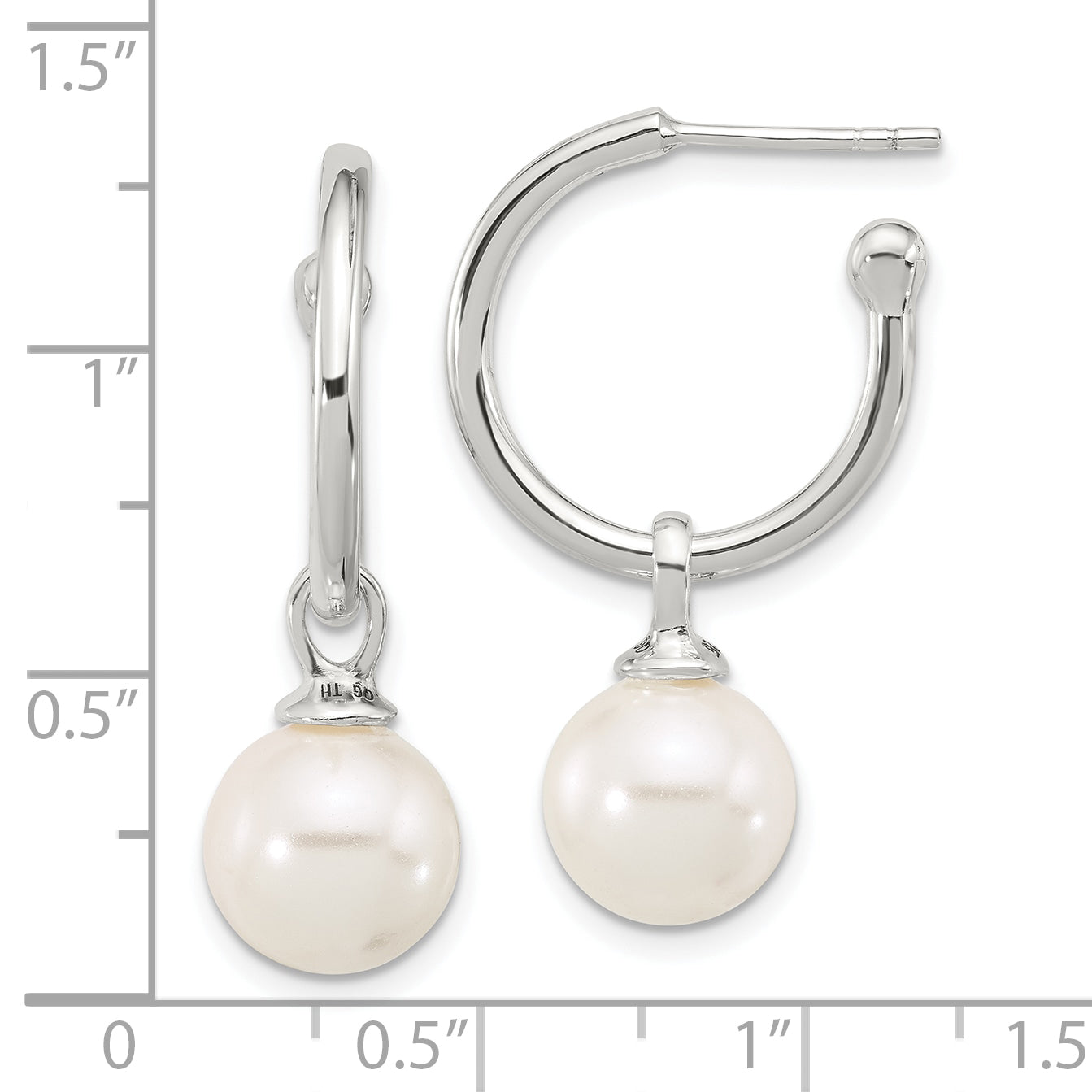 Sterling Silver Polished Dangling 10mm Glass Pearl Post C-Hoop Earrings