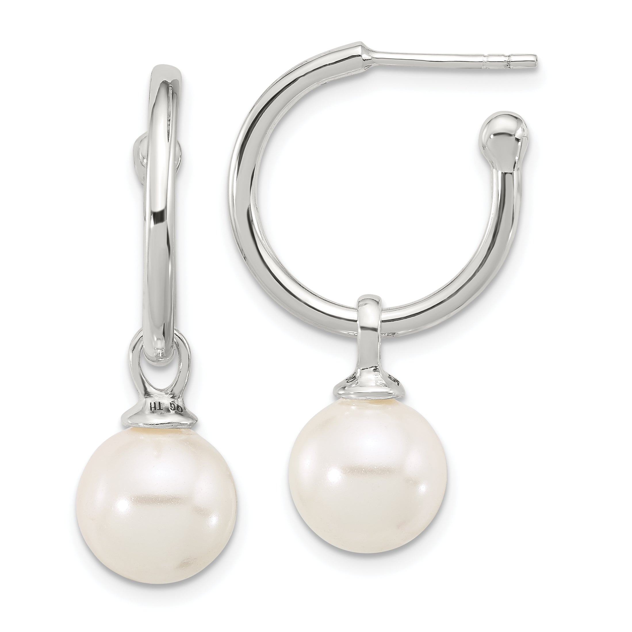 Sterling Silver Polished Dangling 10mm Glass Pearl Post C-Hoop Earrings