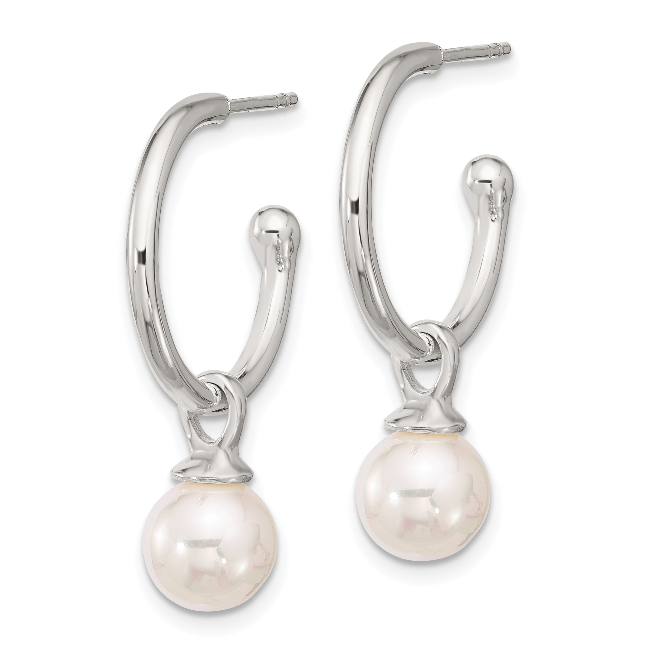 Sterling Silver Polished Dangling 8mm Glass Pearl Post C-Hoop Earrings