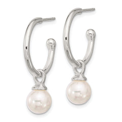 Sterling Silver Polished Dangling 8mm Glass Pearl Post C-Hoop Earrings