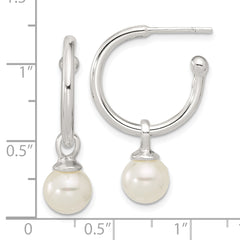 Sterling Silver Polished Dangling 8mm Glass Pearl Post C-Hoop Earrings