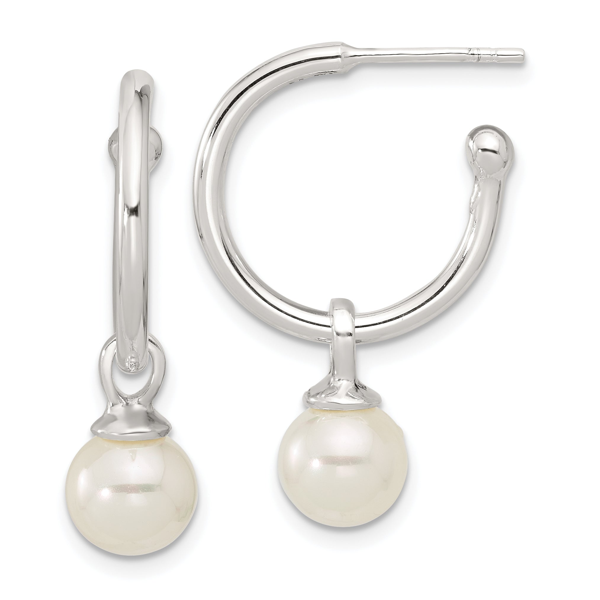 Sterling Silver Polished Dangling 8mm Glass Pearl Post C-Hoop Earrings