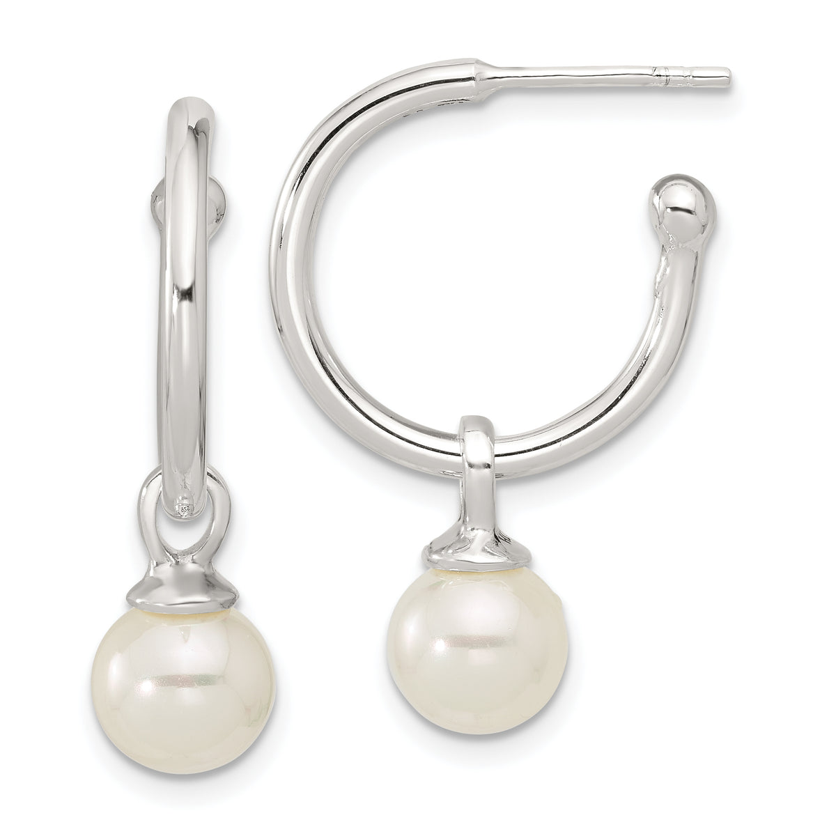 Sterling Silver Polished Dangling 8mm Glass Pearl Post C-Hoop Earrings