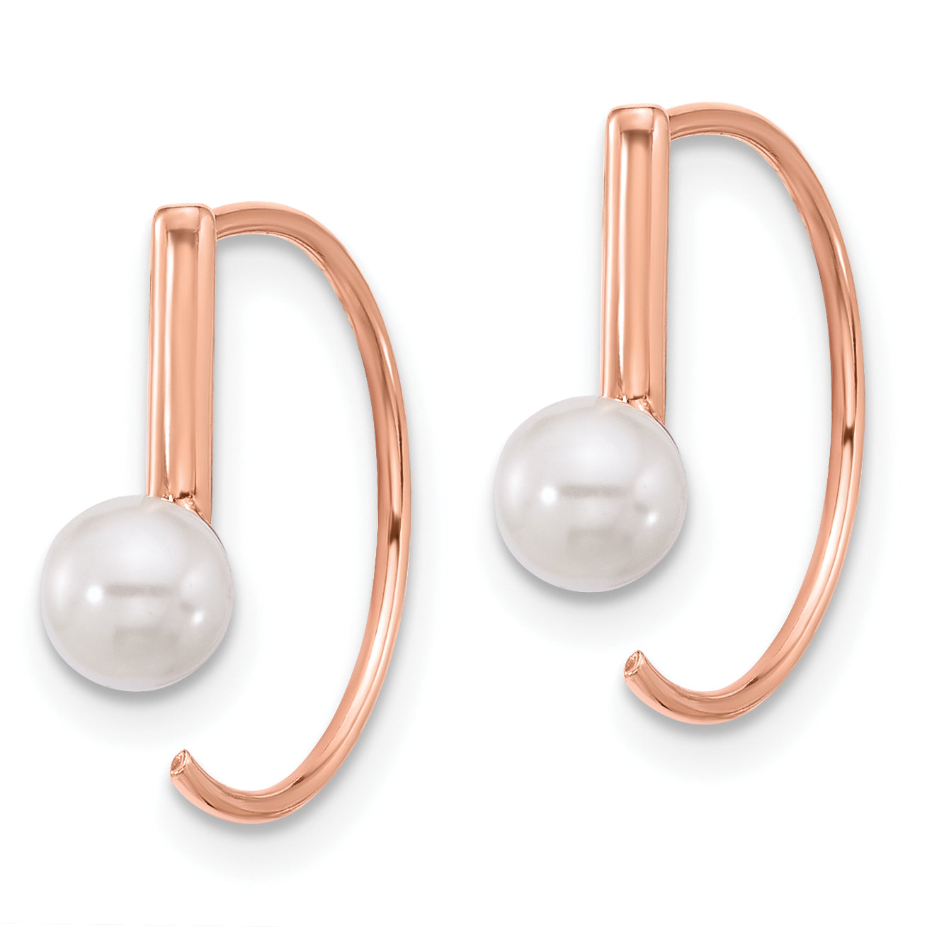 Sterling Silver Rose-tone Polished Synthetic Pearl Threader Hoop Earrings