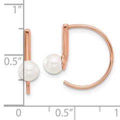 Sterling Silver Rose-tone Polished Synthetic Pearl Threader Hoop Earrings