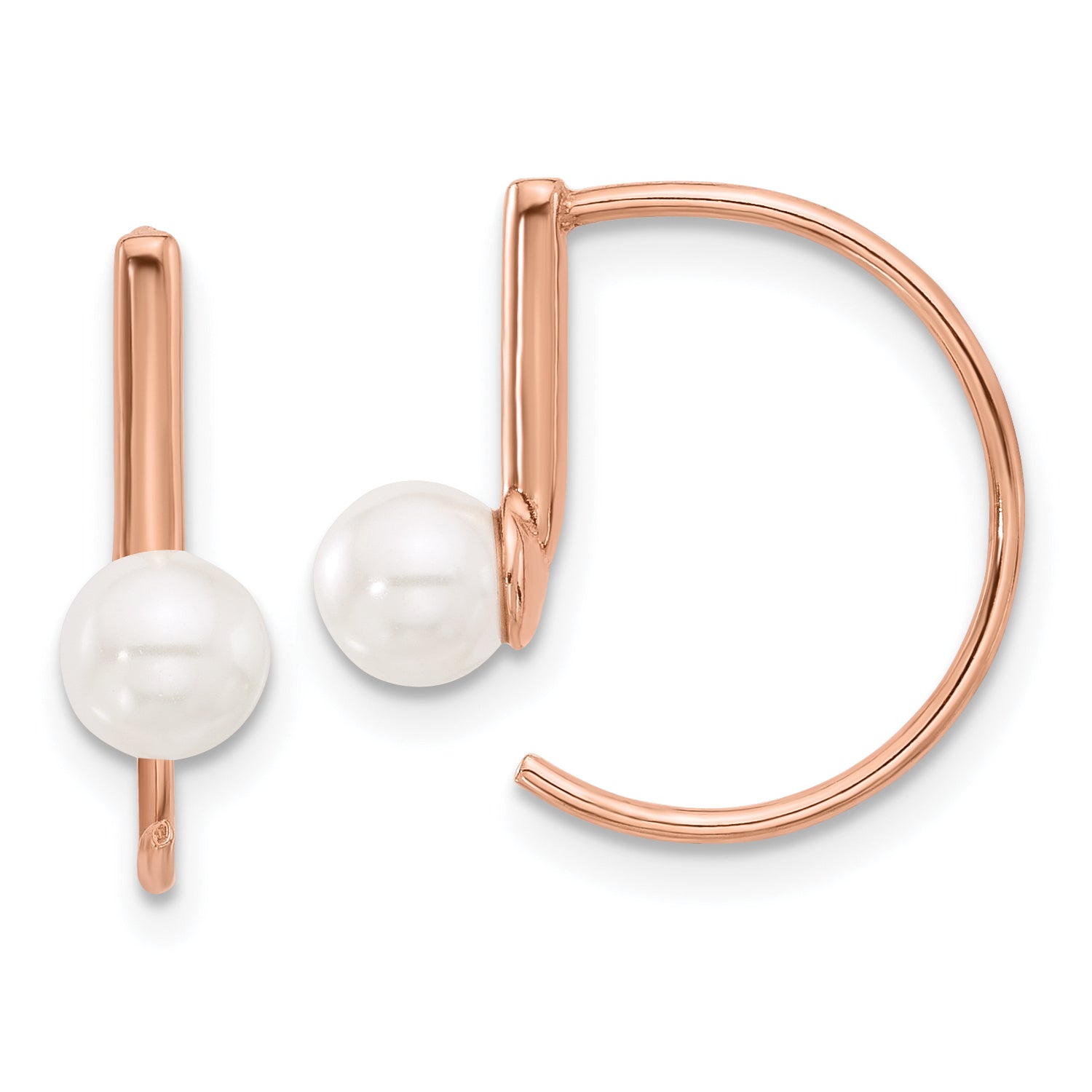 Sterling Silver Rose-tone Polished Synthetic Pearl Threader Hoop Earrings