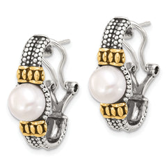 Sterling Silver Gold-tone Antiqued Synthetic Pearl Omega Back Earrings