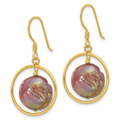 Sterling Silver Gold-plated Polished Brown FWC Coin Pearl Dangle Earrings