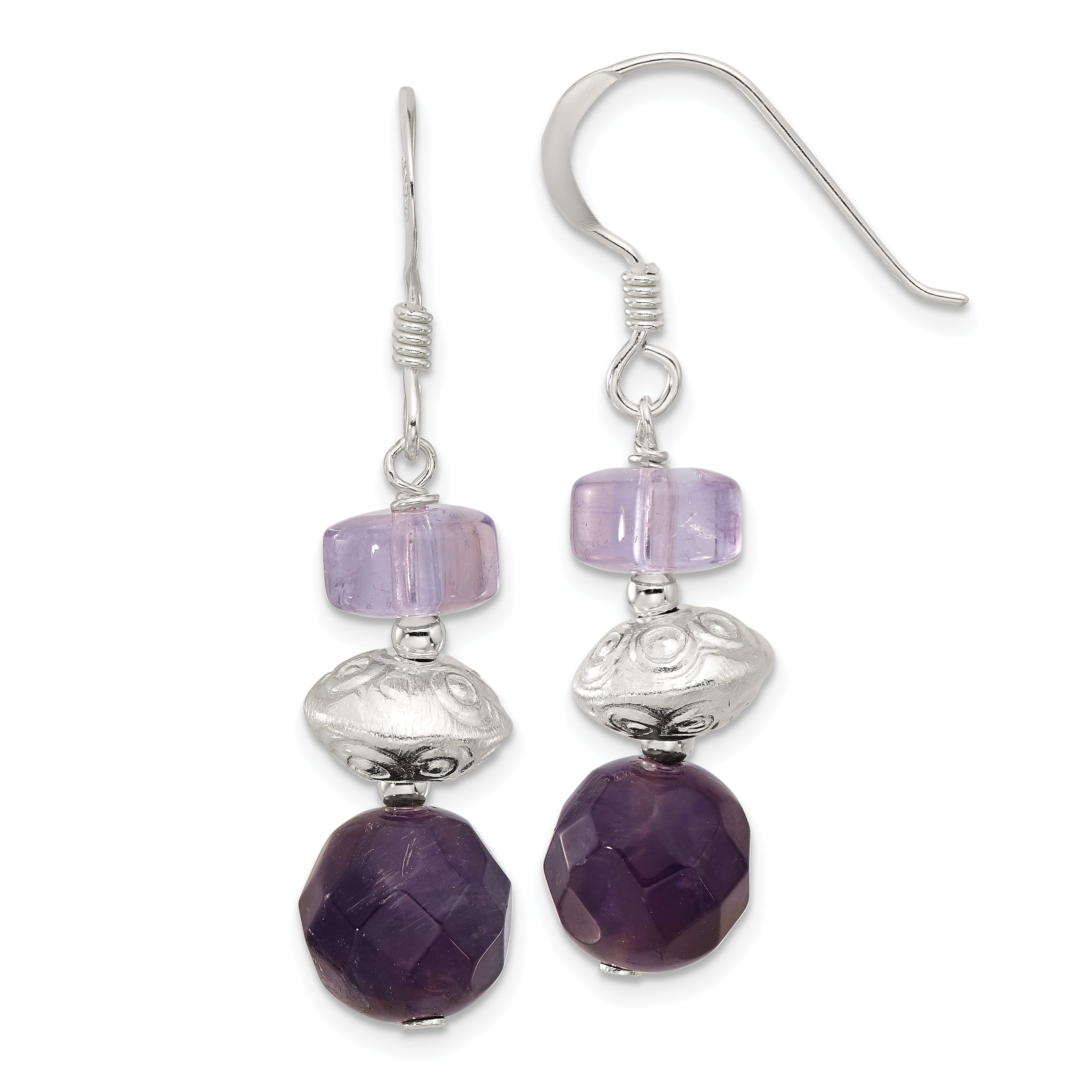 Sterling Silver Polished & Textured Amethyst/Ametrine Dangle Earrings