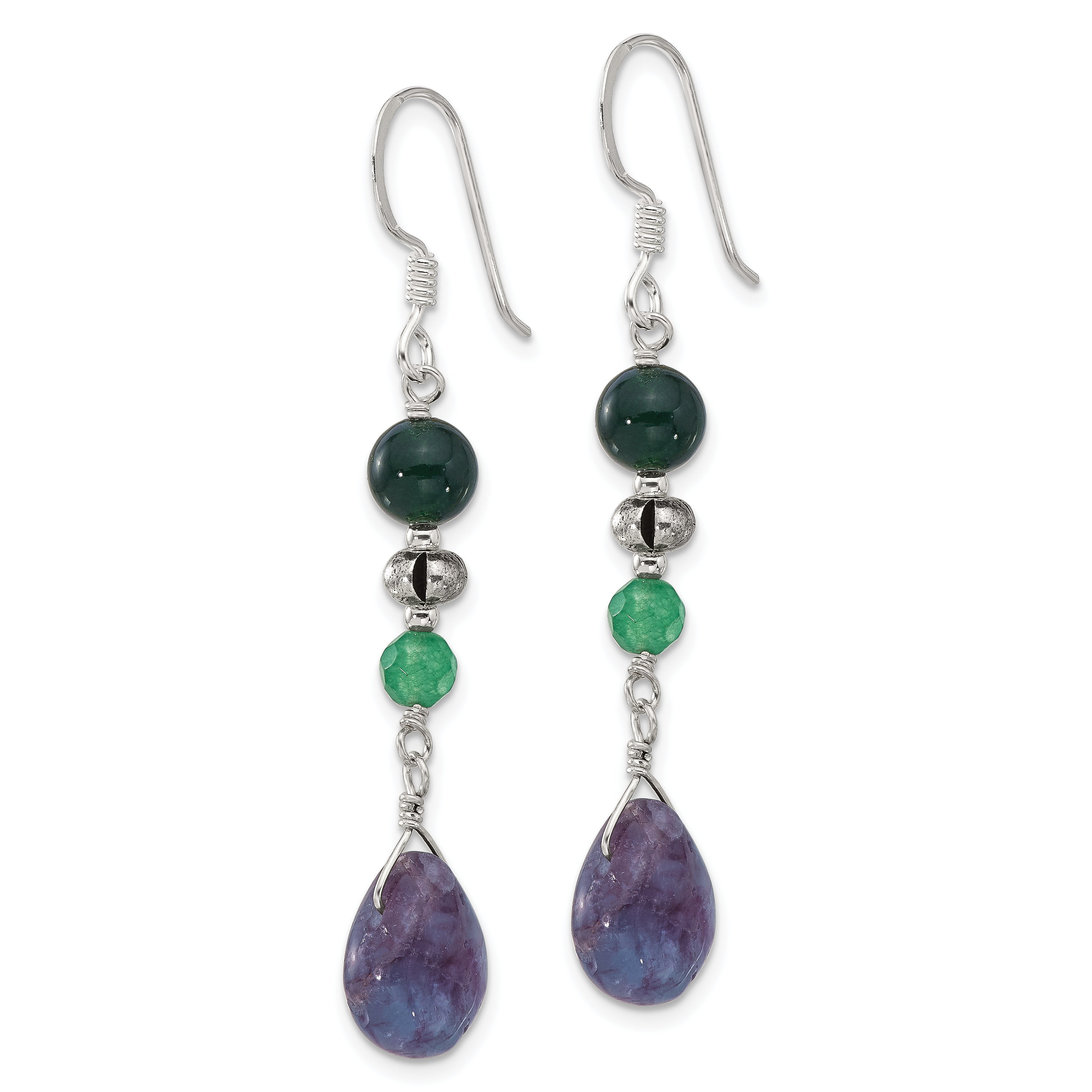 Sterling Silver Antiqued Aventurine/Fluorite/Quartz Dangle Earrings