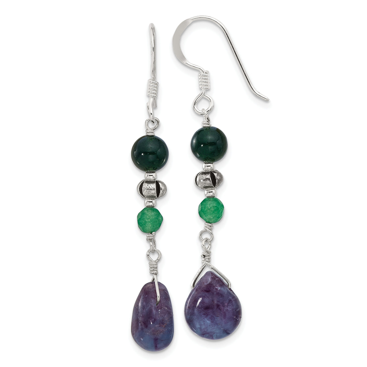 Sterling Silver Antiqued Aventurine/Fluorite/Quartz Dangle Earrings