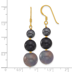 Sterling Silver Gold-plated Hematite and Black/Grey Agate Dangle Earrings