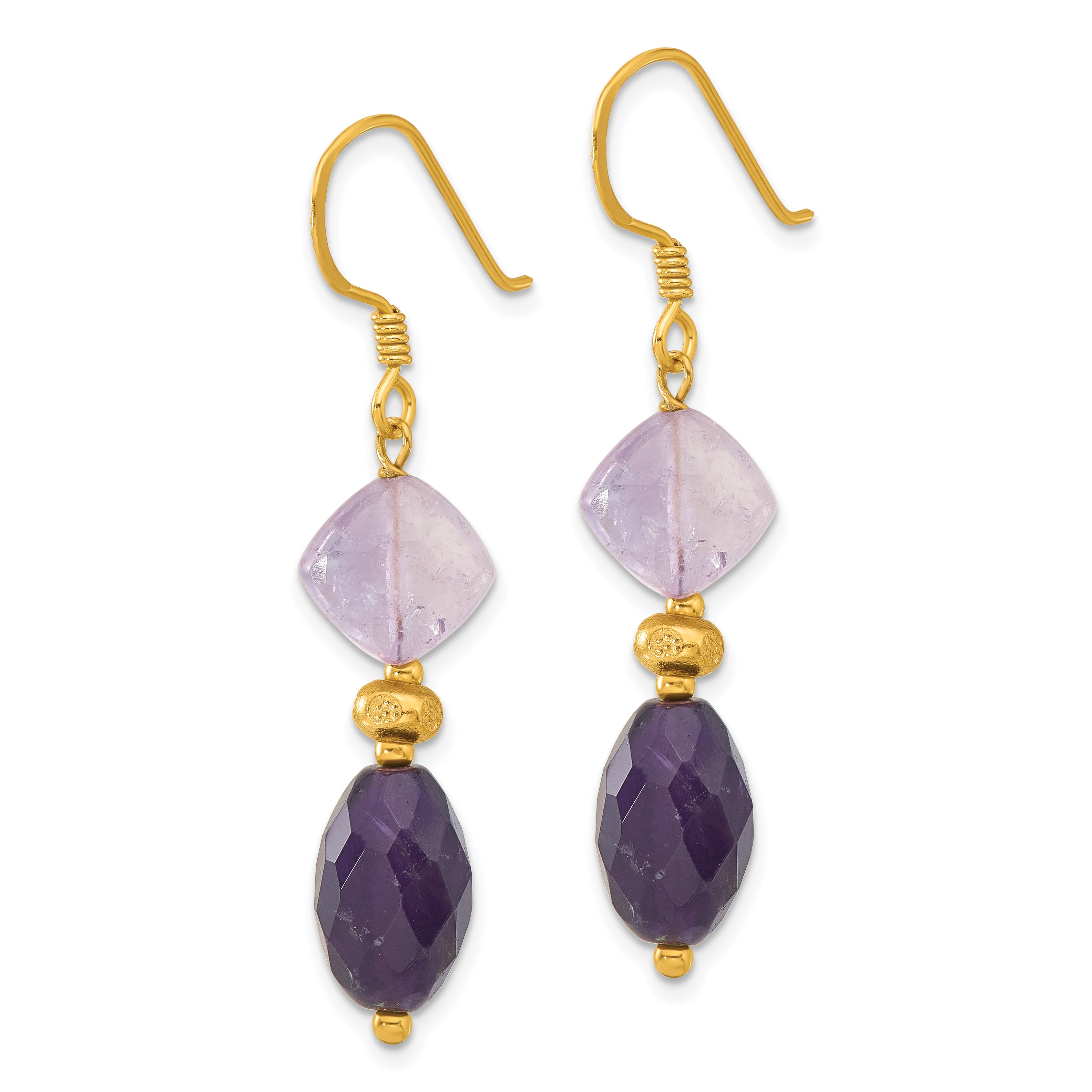 Sterling Silver Gold-plated Polished and Beaded Amethyst Dangle Earrings