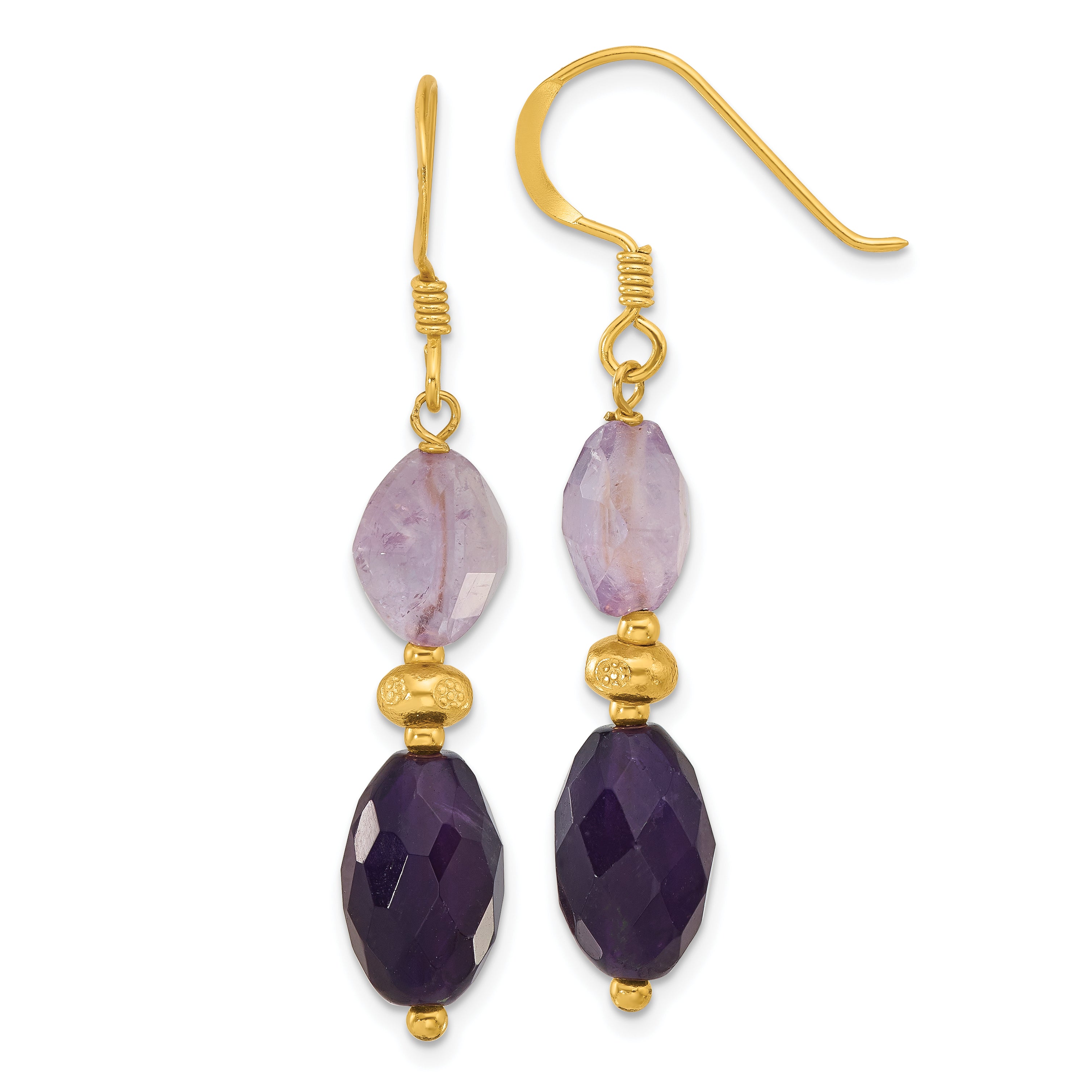 Sterling Silver Gold-plated Polished and Beaded Amethyst Dangle Earrings