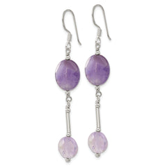 Sterling Silver Polished Beaded Bar Amethyst Dangle Earrings