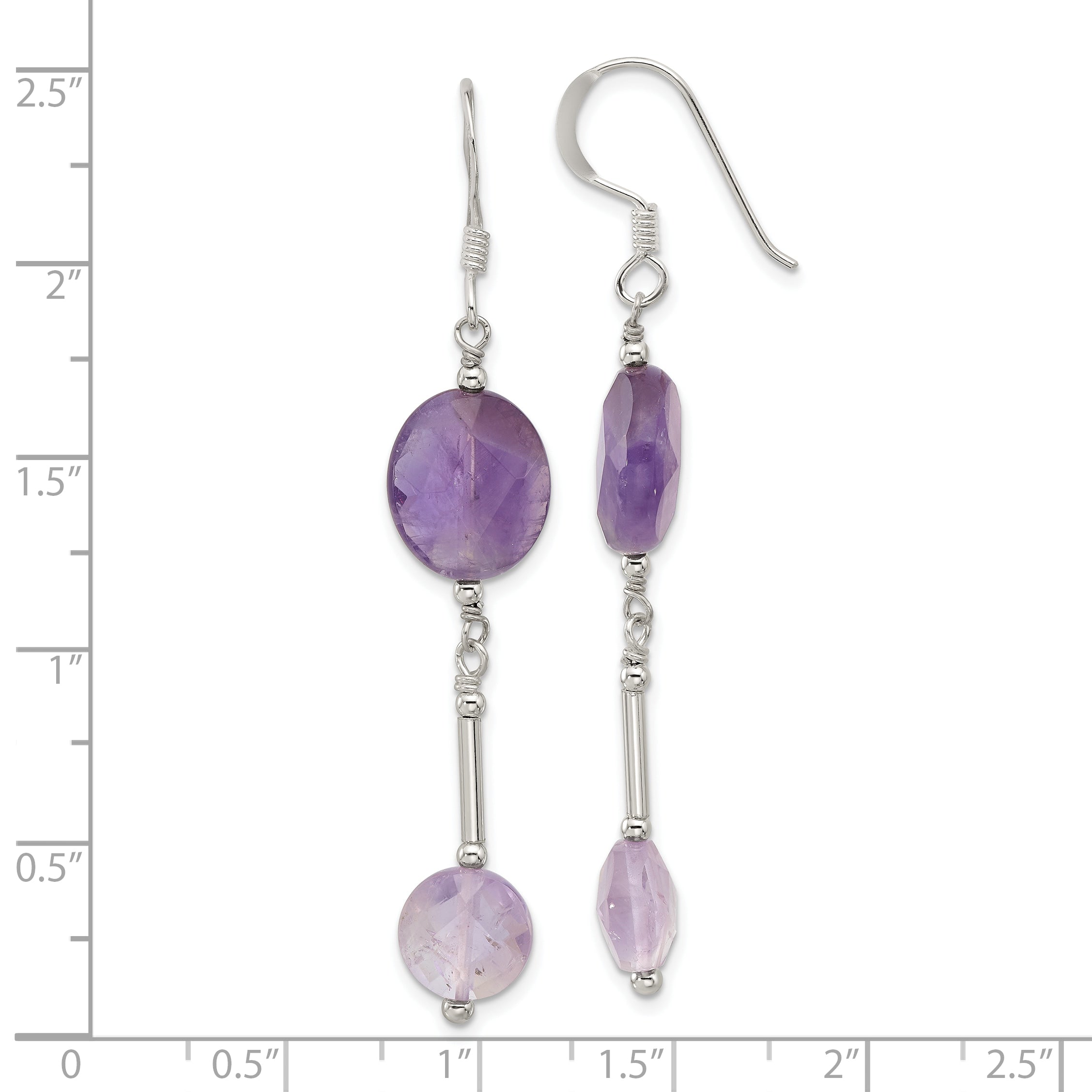 Sterling Silver Polished Beaded Bar Amethyst Dangle Earrings