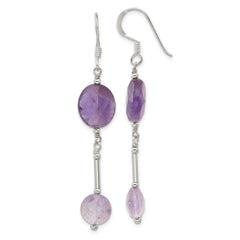 Sterling Silver Polished Beaded Bar Amethyst Dangle Earrings