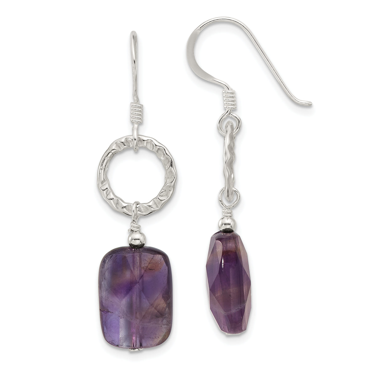 Sterling Silver Polished and Textured Faceted Amethyst Dangle Earrings