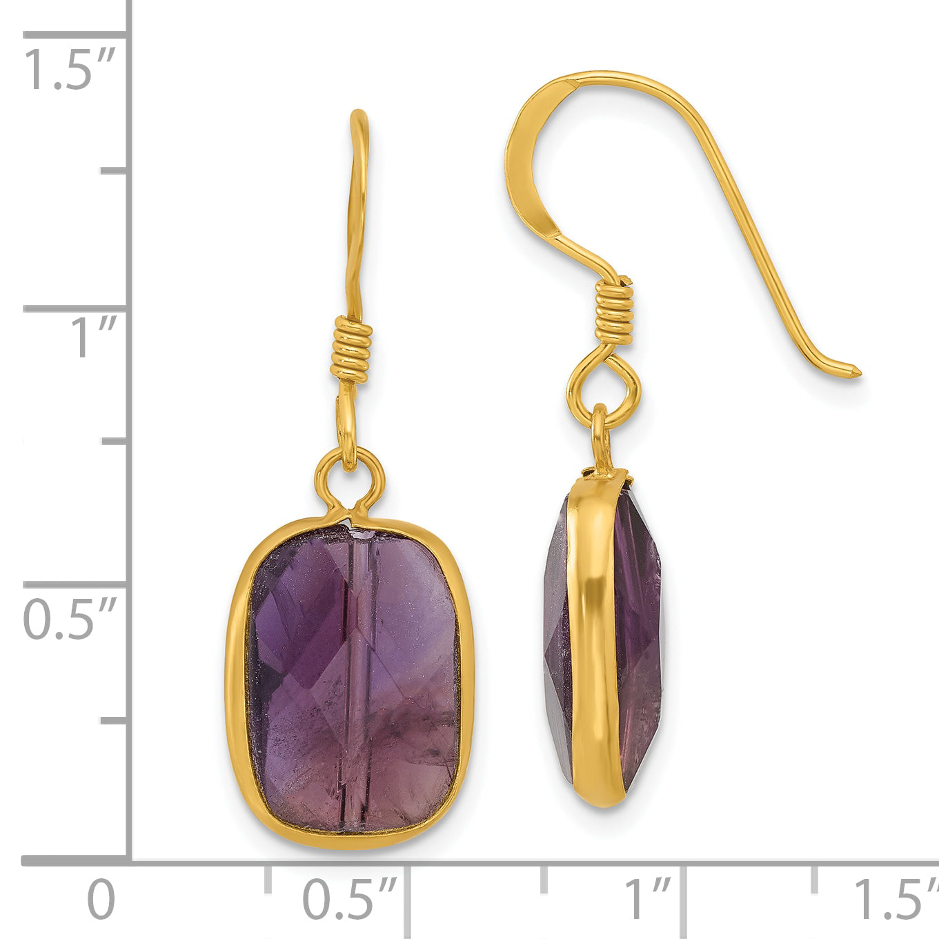 Sterling Silver Gold-plated Polished Rectangle Amethyst Dangle Earrings