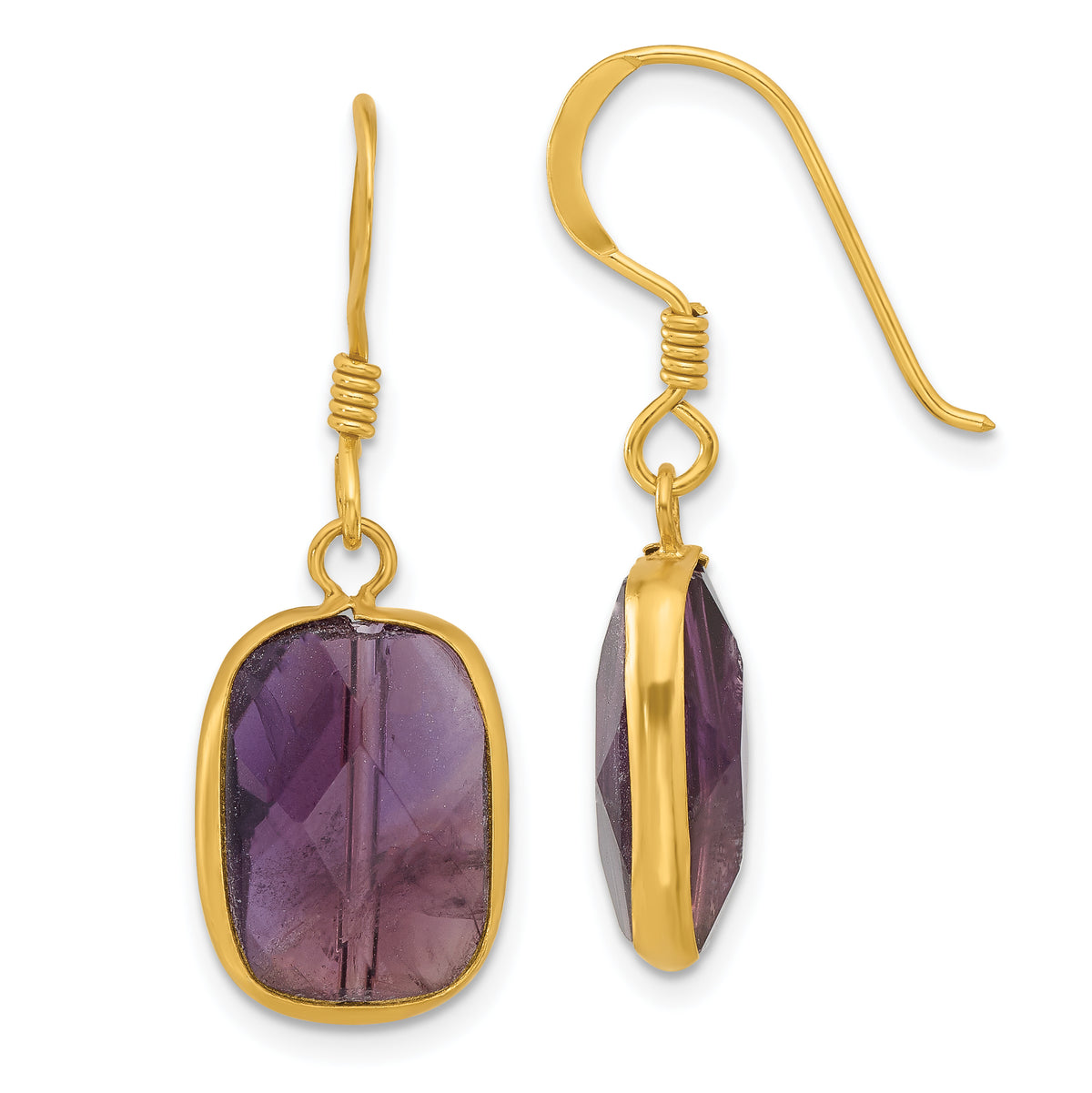 Sterling Silver Gold-plated Polished Rectangle Amethyst Dangle Earrings