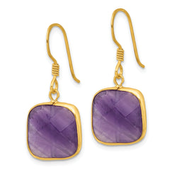 Sterling Silver Gold-plated Polished Cushion Amethyst Dangle Earrings