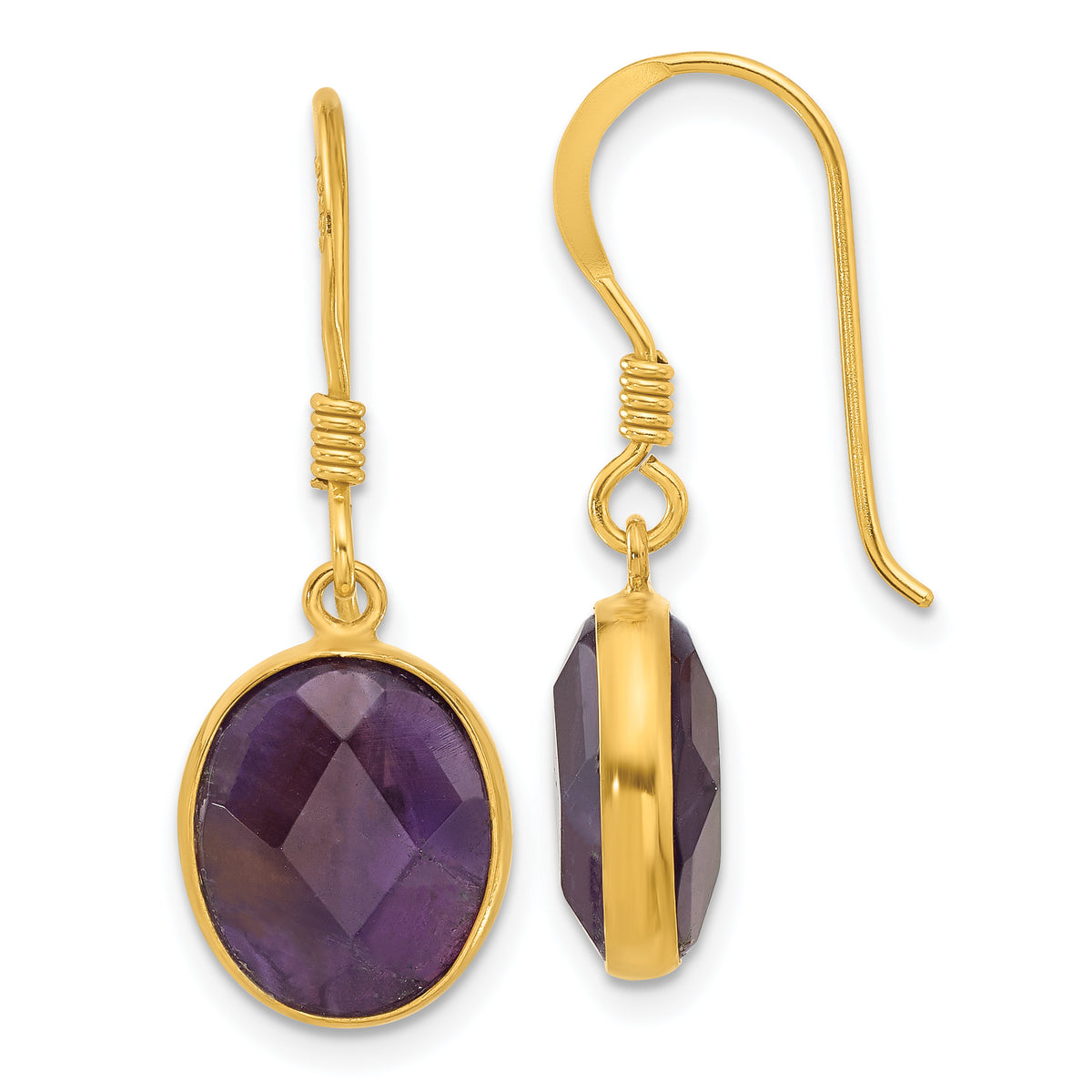 Sterling Silver Gold-plated Polished Oval Amethyst Dangle Earrings