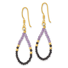 Sterling Silver Gold-pltd Amethyst/Black Spinel Teardrop Dangle Earrings