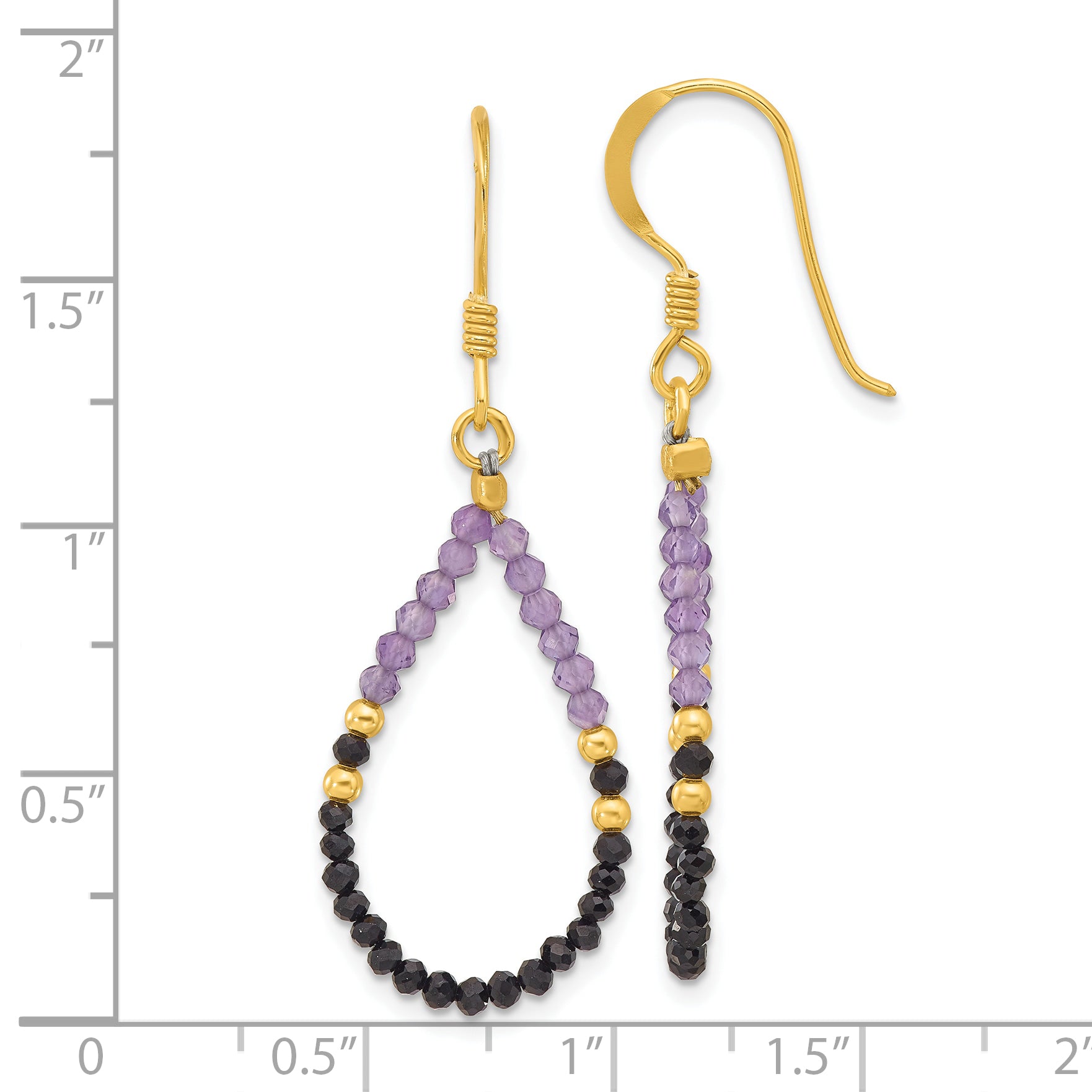 Sterling Silver Gold-pltd Amethyst/Black Spinel Teardrop Dangle Earrings