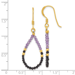 Sterling Silver Gold-pltd Amethyst/Black Spinel Teardrop Dangle Earrings