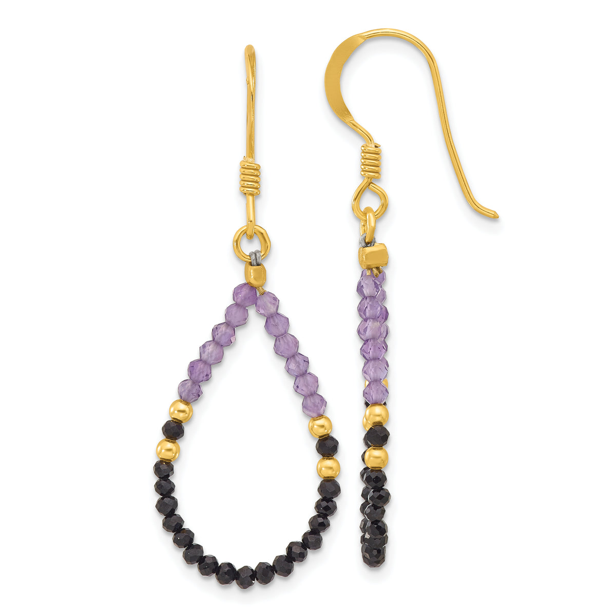 Sterling Silver Gold-pltd Amethyst/Black Spinel Teardrop Dangle Earrings