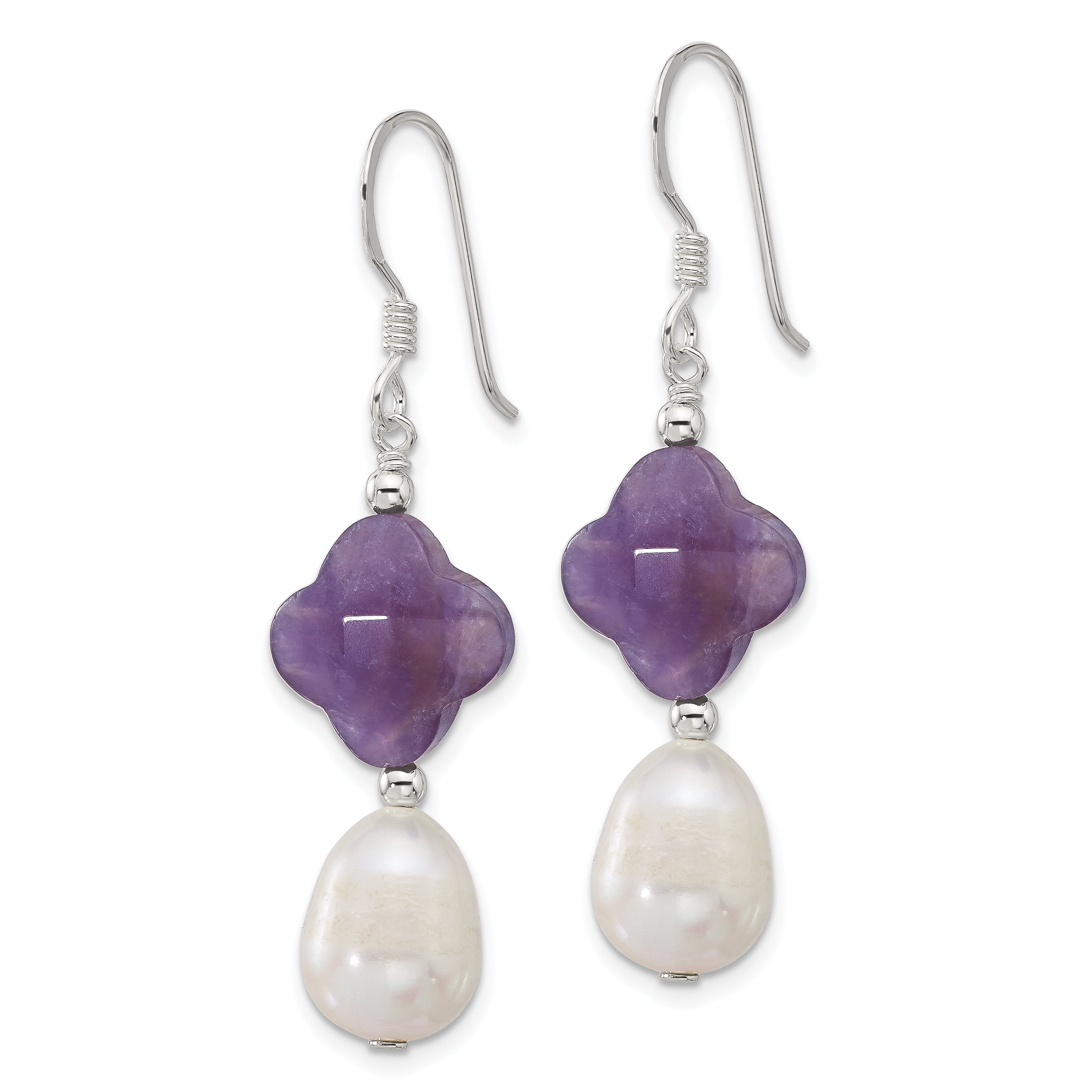 Sterling Silver Polished Amethyst Clover and FWC Pearl Dangle Earrings