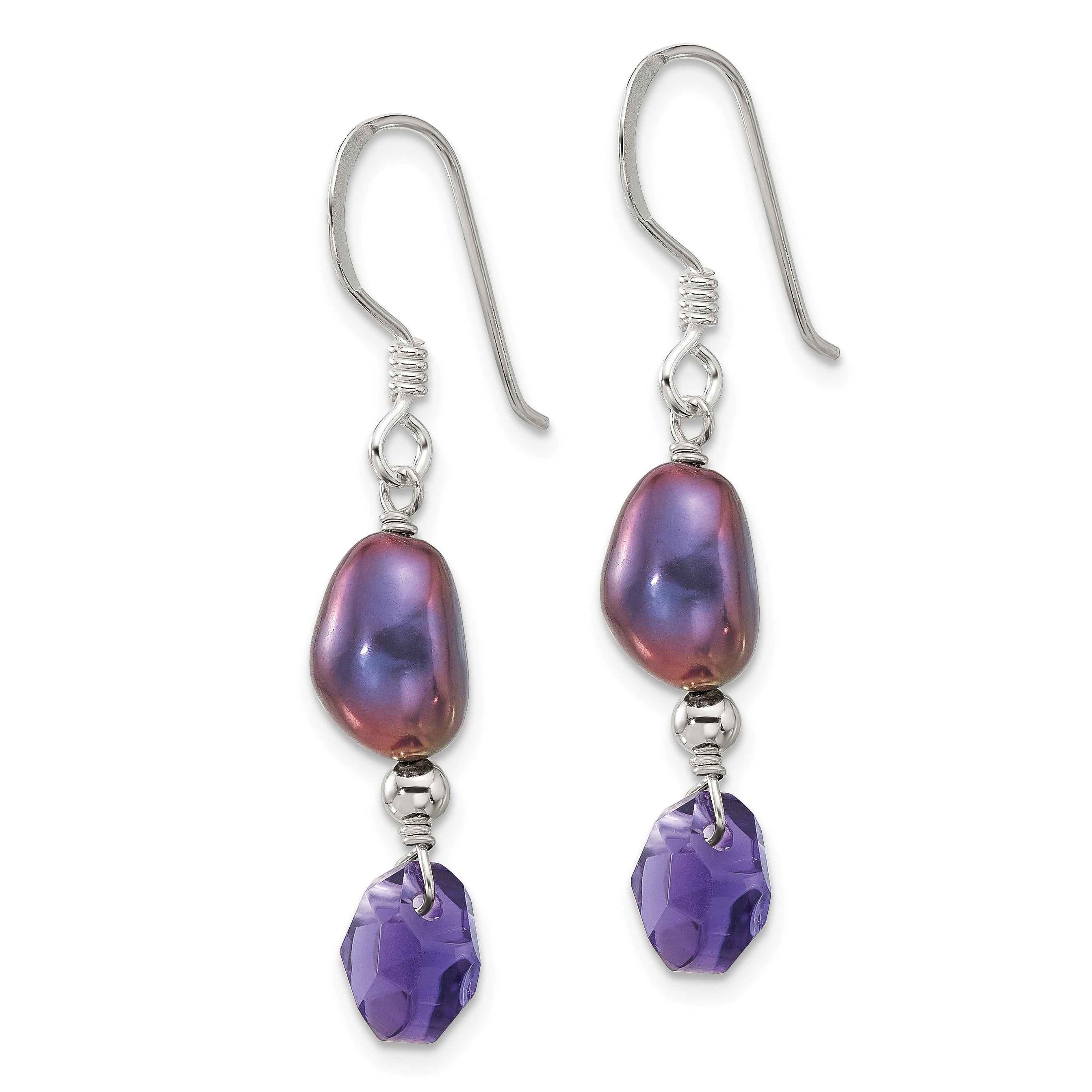 Sterling Silver Polished FWC Pearl and Purple Quartz Dangle Earrings