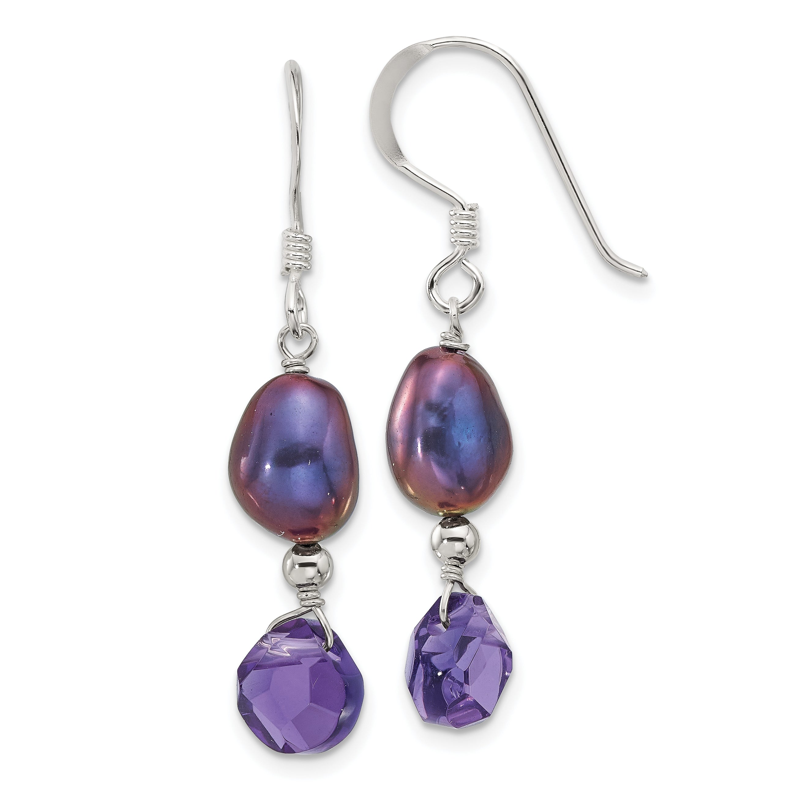 Sterling Silver Polished FWC Pearl and Purple Quartz Dangle Earrings