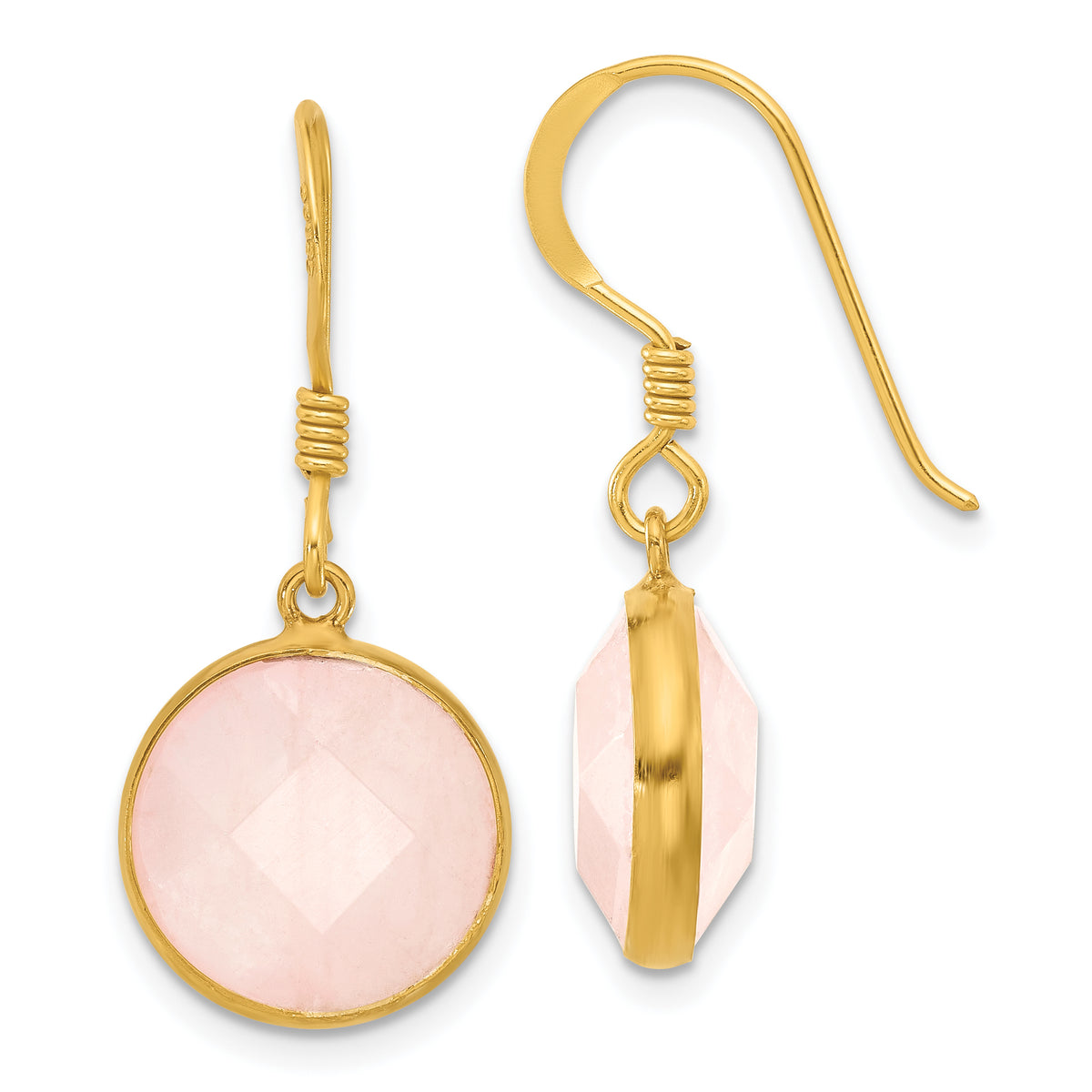 Sterling Silver Gold-plated Polished Round Rose Quartz Dangle Earrings