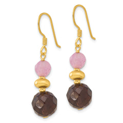 Sterling Silver Gold-plated Pink Jade and Smoky Quartz Dangle Earrings