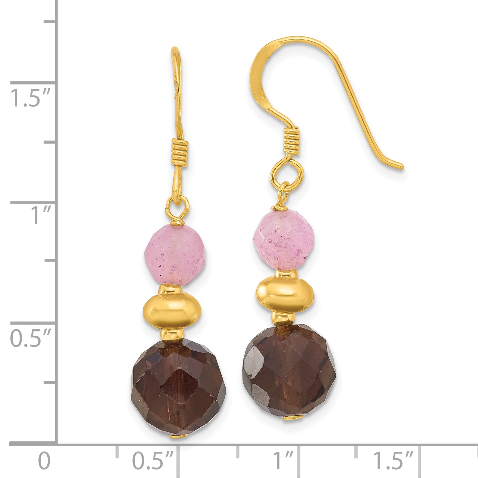 Sterling Silver Gold-plated Pink Jade and Smoky Quartz Dangle Earrings