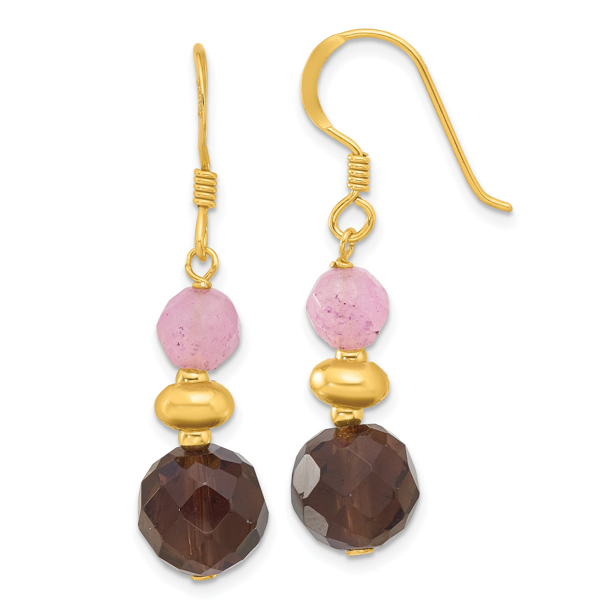 Sterling Silver Gold-plated Pink Jade and Smoky Quartz Dangle Earrings