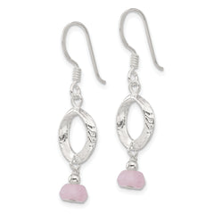 Sterling Silver Polished and Textured Circle Rose Quartz Dangle Earrings