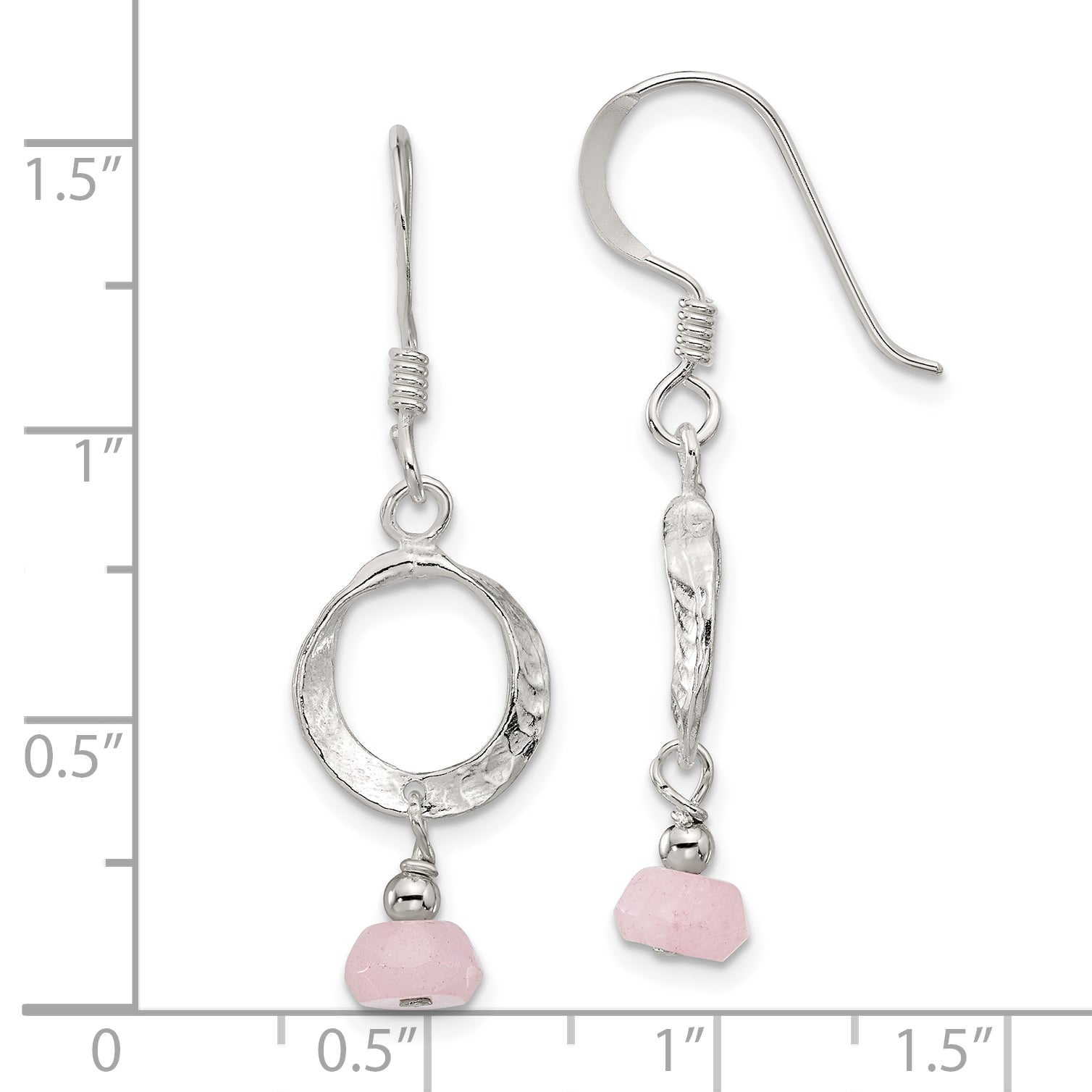 Sterling Silver Polished and Textured Circle Rose Quartz Dangle Earrings