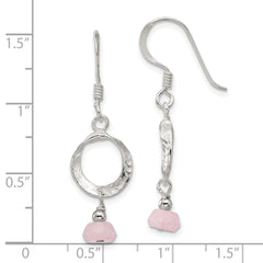 Sterling Silver Polished and Textured Circle Rose Quartz Dangle Earrings