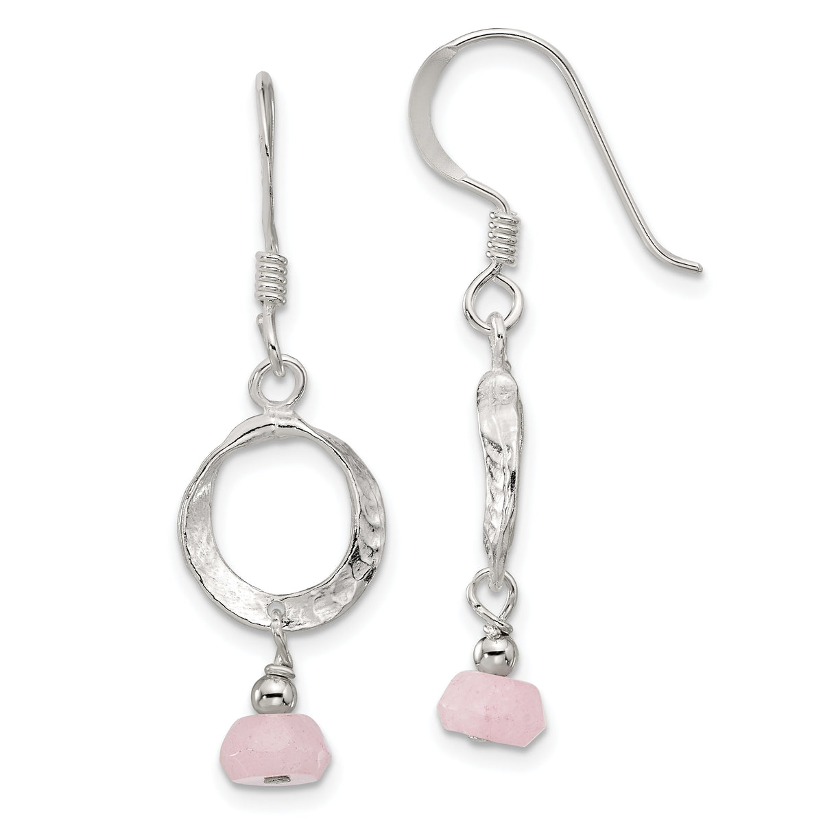 Sterling Silver Polished and Textured Circle Rose Quartz Dangle Earrings