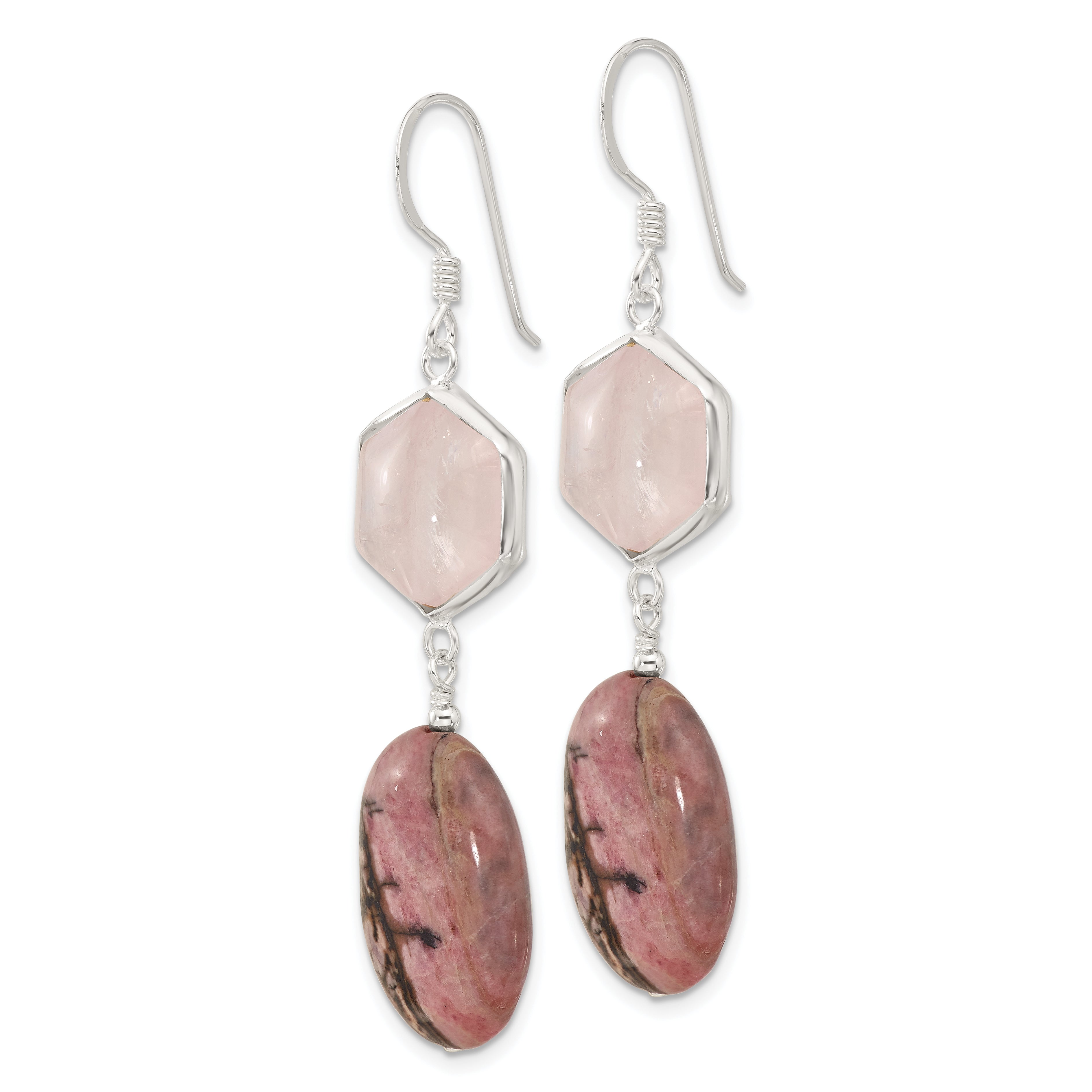 Sterling Silver Polished Rose Quartz and Oval Rhodonite Dangle Earrings