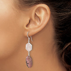 Sterling Silver Polished Rose Quartz and Oval Rhodonite Dangle Earrings