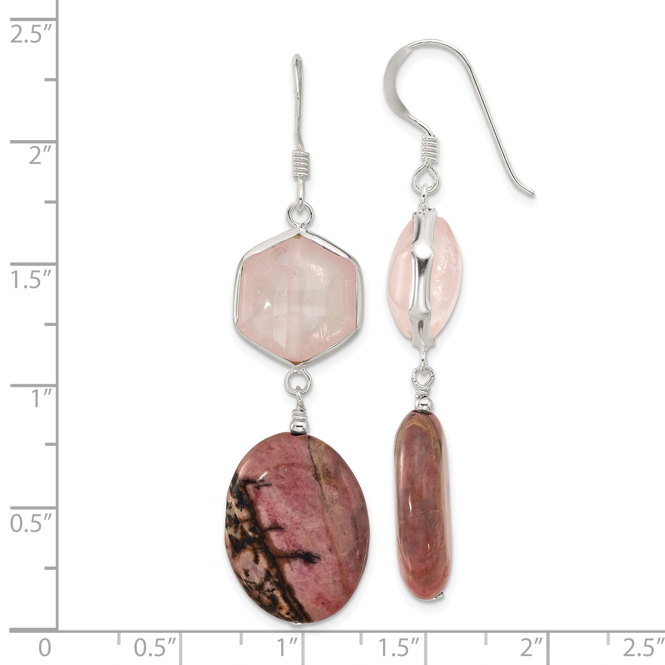 Sterling Silver Polished Rose Quartz and Oval Rhodonite Dangle Earrings