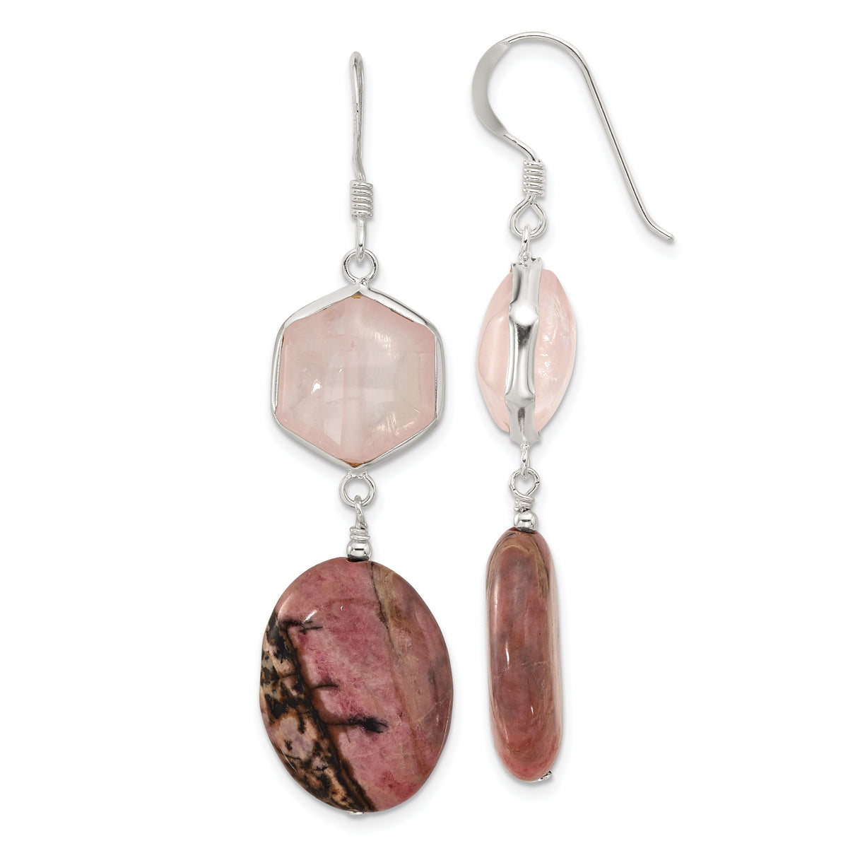 Sterling Silver Polished Rose Quartz and Oval Rhodonite Dangle Earrings