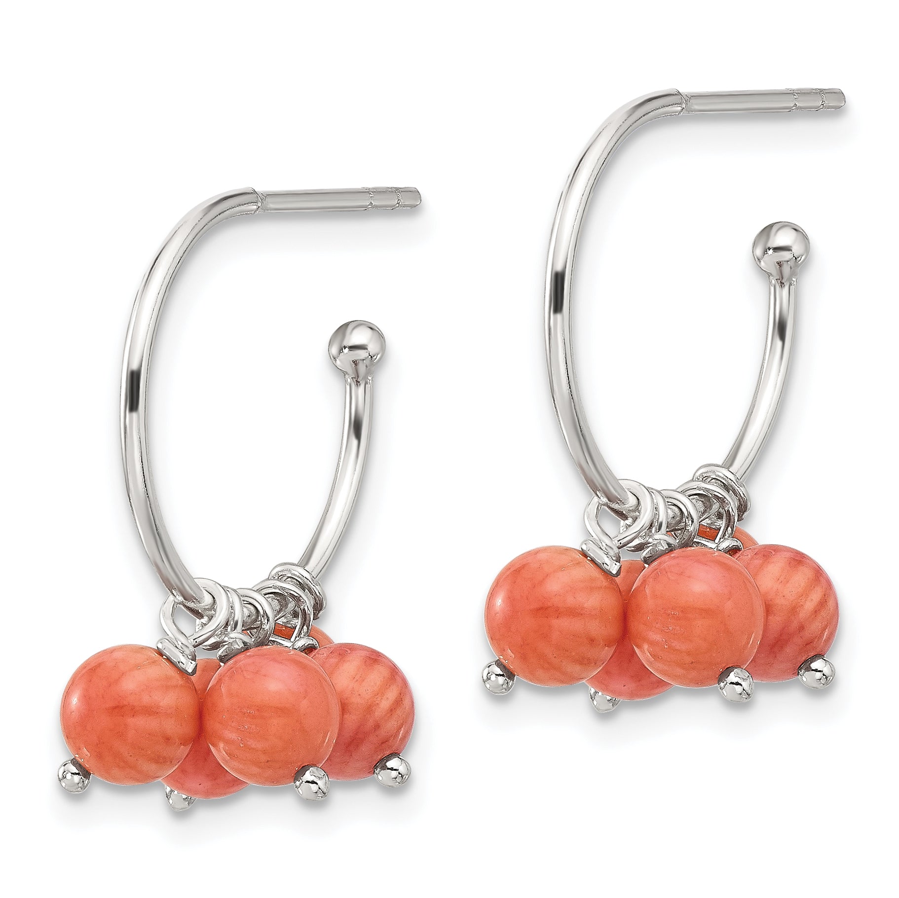 Sterling Silver Polished 5mm Coral Dangle Post C-Hoop Earrings