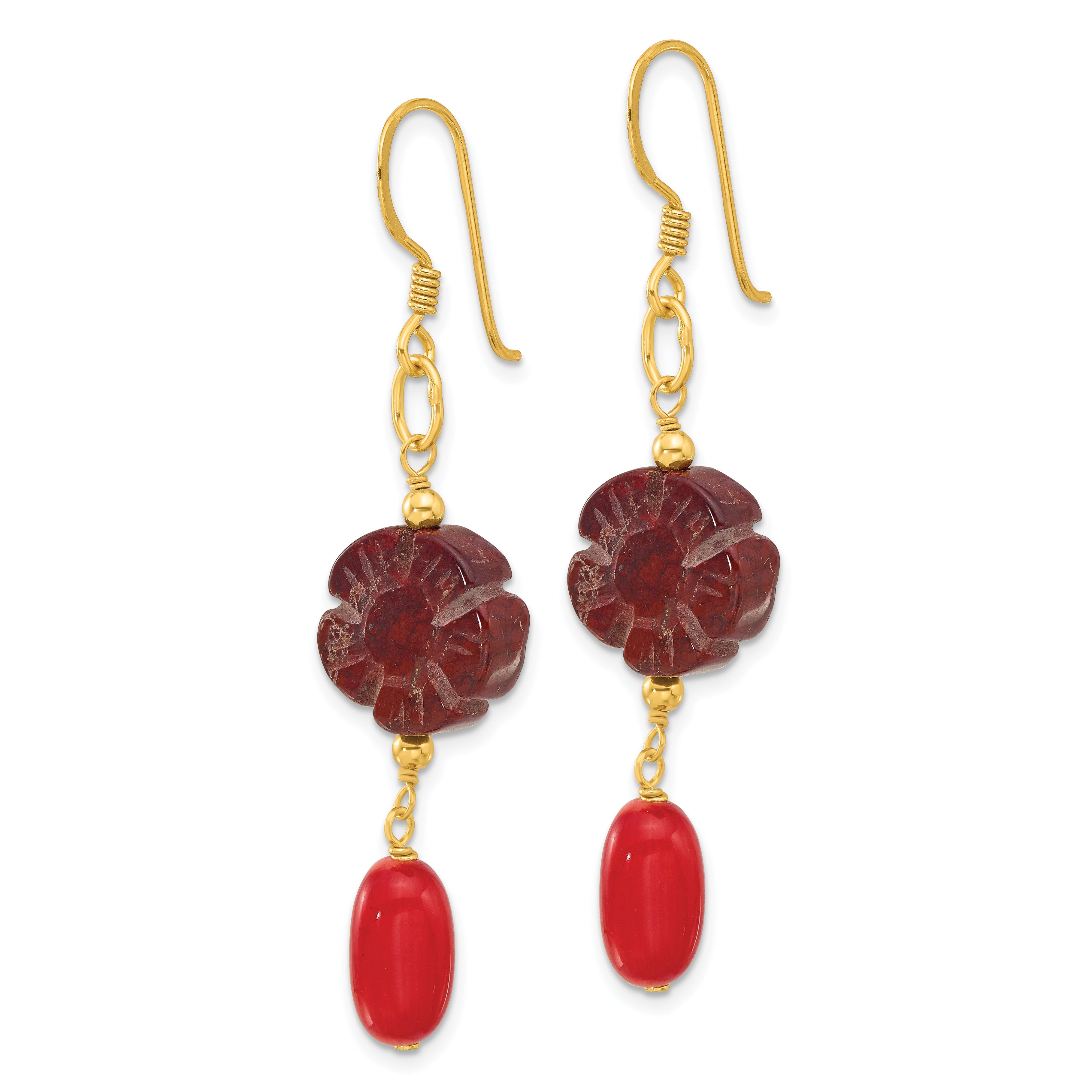 Sterling Silver Gold-plated Coral and Red Jasper Flower Dangle Earrings