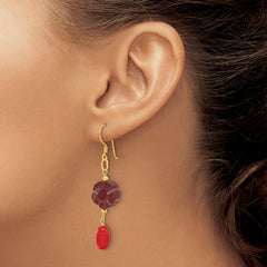 Sterling Silver Gold-plated Coral and Red Jasper Flower Dangle Earrings