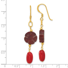 Sterling Silver Gold-plated Coral and Red Jasper Flower Dangle Earrings