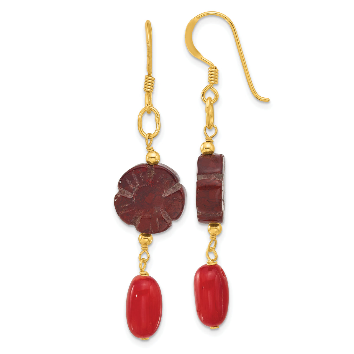 Sterling Silver Gold-plated Coral and Red Jasper Flower Dangle Earrings